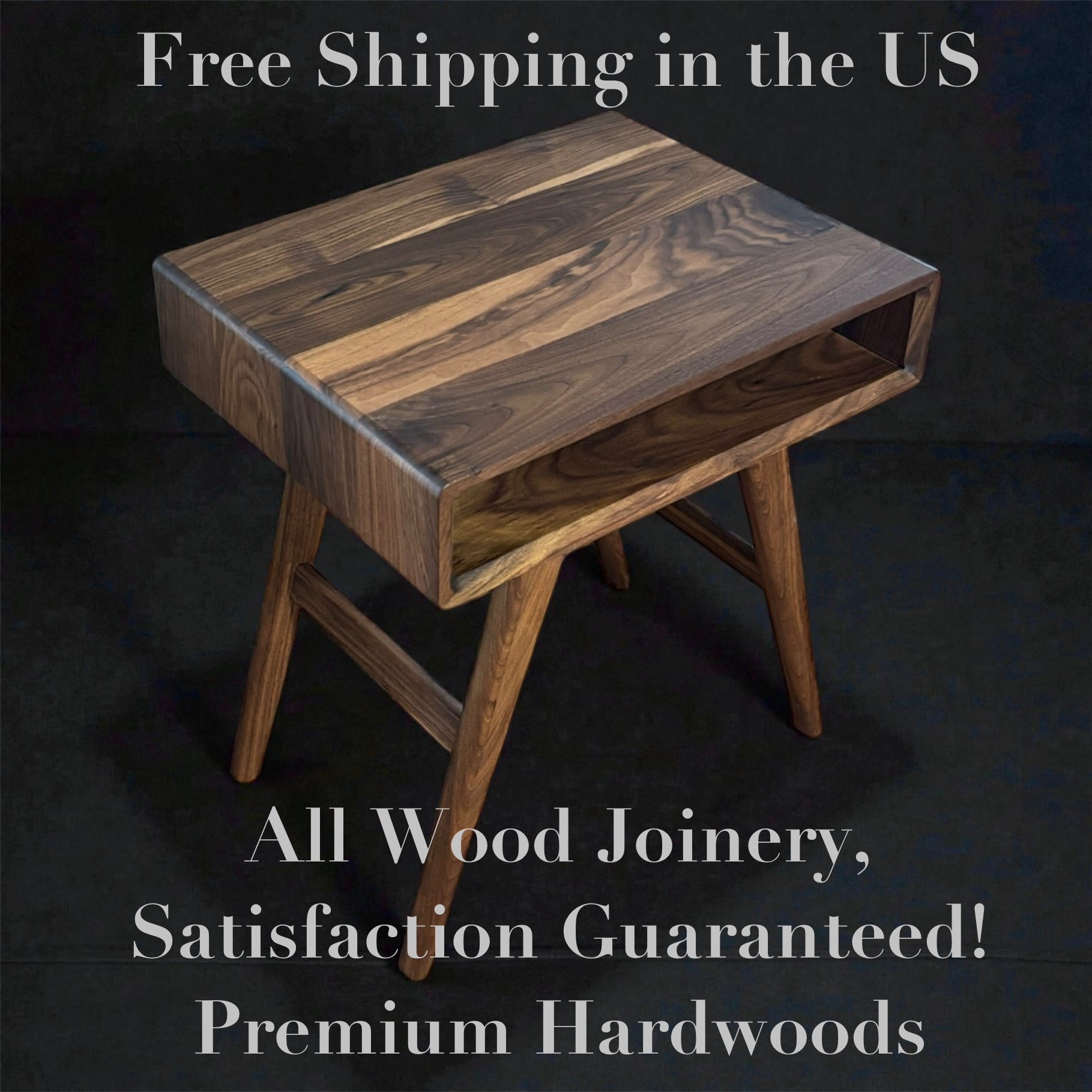 Solid Black Walnut End Table | Mid Century Modern Night Stand | All Wood Joinery High End Table